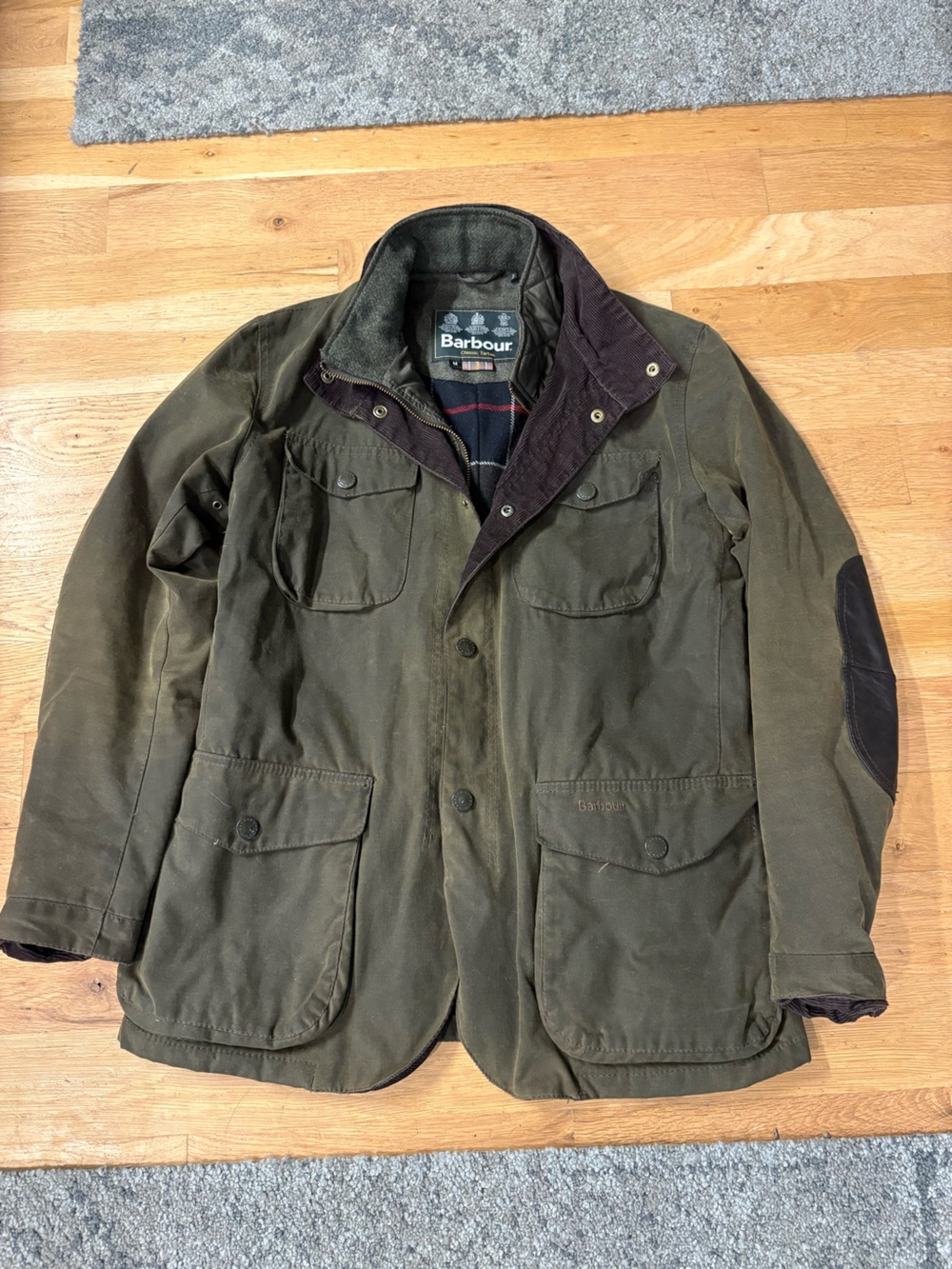 Barbour Olive Green Waxed Cotton Field Jacket with Corduroy Trim